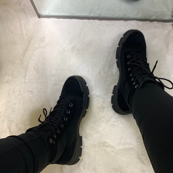 Canvas & Faux Suede Combat Boots in Black - Picture 6 of 8